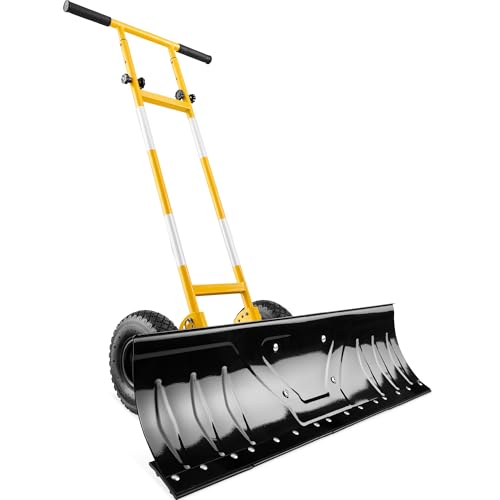 Best Choice Products 36in Galvanized Blade Heavy-Duty 2-Wheel Snow Pusher Hand Plow for Snow Removal w/Wheels, Adjustable Handle, Blade Angle - Yellow