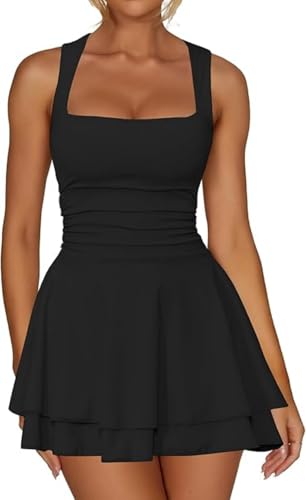 Sukiglam Vestido Mujer Sexy sin Manga Cuello Cuadrado Mini Vestidos de Tirantes Elegantes Dobles Capas Dobladillo con Volantes Vestido Corto Ajustado Verano A Line Vestidos para Fiesta Coctel Club