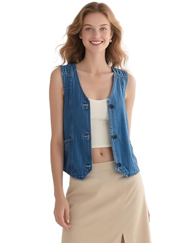 Women's Denim Sleeveless Casual Vest for women, Jean Vest Top, Light Wash, V Neck, Button Front with Dual Pockets2