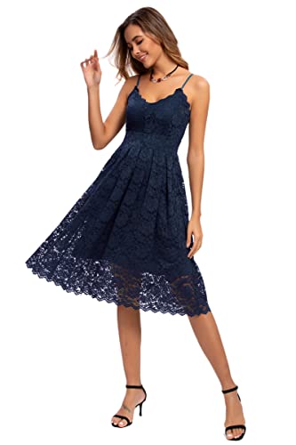 Atnlewhi Womens Spaghetti Strap V Neck Sleeveless Evening A Line Dresses Cocktail Formal Wedding Guest Lace Dress Navy Blue #TOP6