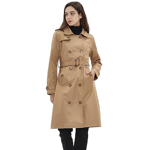 Image of Womens Trench Coat Double-Breasted Long windbreak Belted Slim Outerwear Coat with Detachable Hood S-2XL