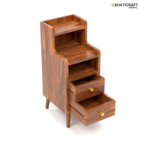 Image of Pithika 100% Solid Sheesham Wood Bedside Table with Drawer - Handmade Wooden Nightstand for Bedroom, Storage Side Table, Pre-Assembled, Honey finesh