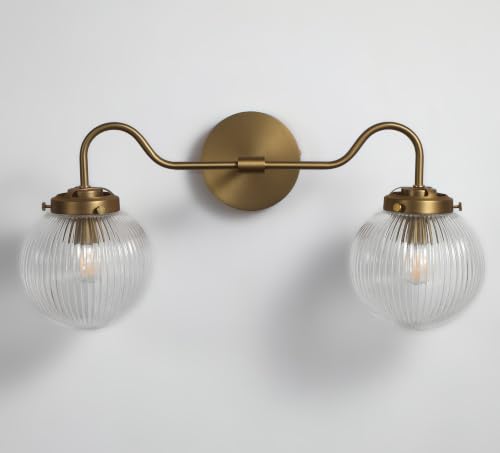 Image of 20 Inch Brushed Gold Vanity Light 2 Light Heavy Ribbed Glass Globe Brass Bathroom Light Fixture (Bulb Included)