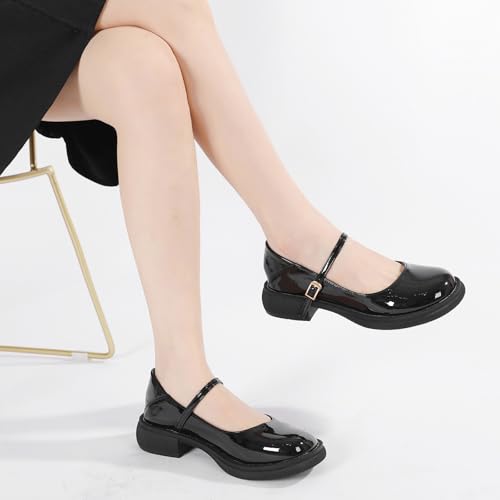 Women's Patent Leather Mary Janes Comfort Round Toe Adjustable Ankle Strap Anti-Slip Platform Low Heel Chunky Pumps Oxford Dress Shoes Suitable for School Uniform Busine4