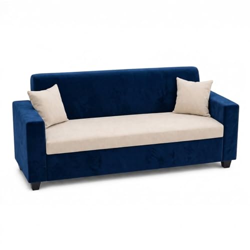 Image of FURNY QualityWood 3 Seater + 1 Seater + 1 Seater Fabric Sofa Set (Cream-Dark Blue) with Velvet Finish | Durable Comfort | Ideal for Living Room
