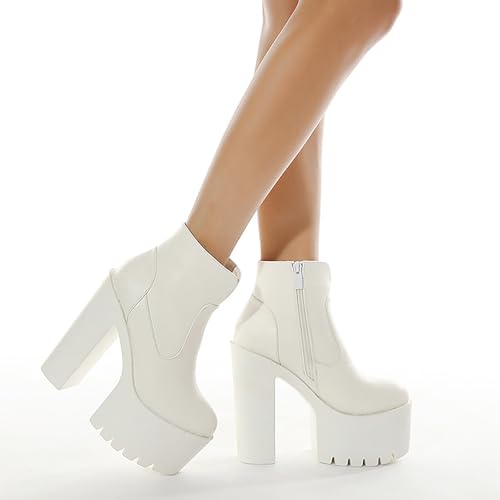 Women'S Leather Round Toe Platform High Chunky Heel Ankle Boots Fall Winter Fashion Side Zipper Lug Sole Block Heels Sock Boots Comfort Dress Party Bootie Shoes4