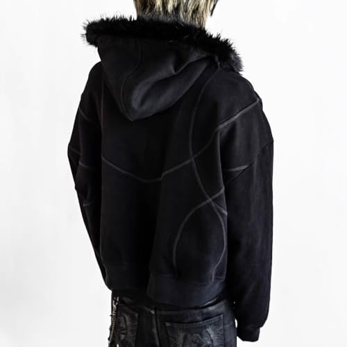 Y2k Zip Up Hoodie Men Hoodie Zip Up Fur Hooded Jacket Grunge Warm Winter Coat for Men with Hood Fur Streetwear3