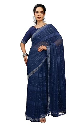Image of MIRCHI FASHION Saree for Woman Georgette Solid with Satin Stripes | Stone Border Farewell and Ceremonial Sari with Blouse Piece