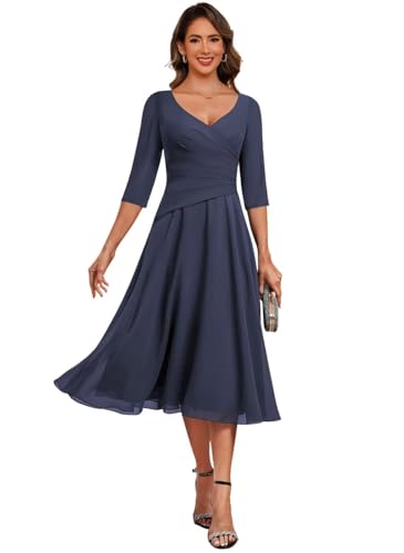 Mother of The Bride Dresses Chiffon Tea Length Women Lace Applique Wedding Guest Dress 3/4 Sleeve Formal Evening Gowns