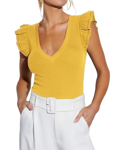 Ezbelle Womens V Neck Tank Tops Summer Sexy Shirt Casual Ribbed Knit Crop Blouses Ruffle Tshirt 2026 Fashion Trendy Short Sleeve Top Dark Yellow XL