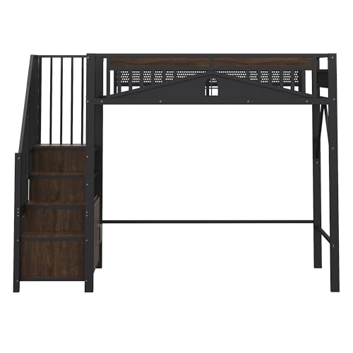 Kinderbett Etagenbett 90x200, Hochbett Hausbett mit Fenster&Treppe&Aufbewahrungsschrank, Metallbett Funktionsbett Einzelbett Jugendbett Spielbett mit Rausfallschutz&Lattenrost, Ohne Matratze, Schwarz
