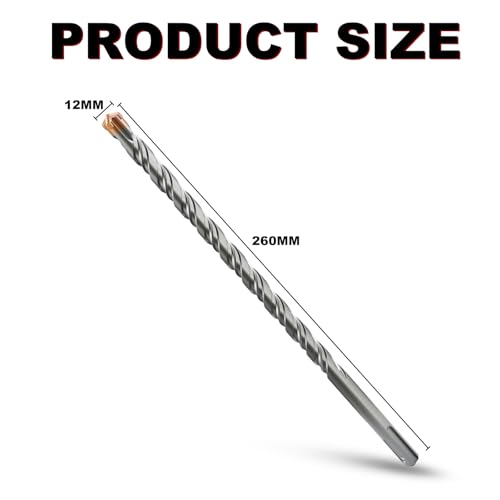 METOTY SDS Plus Hammer Drill Bit 12mm×260mm, with 4 Carbide Cutting Edges, Head with Coating, Masonry Drill, Hammer Drill - Image 2