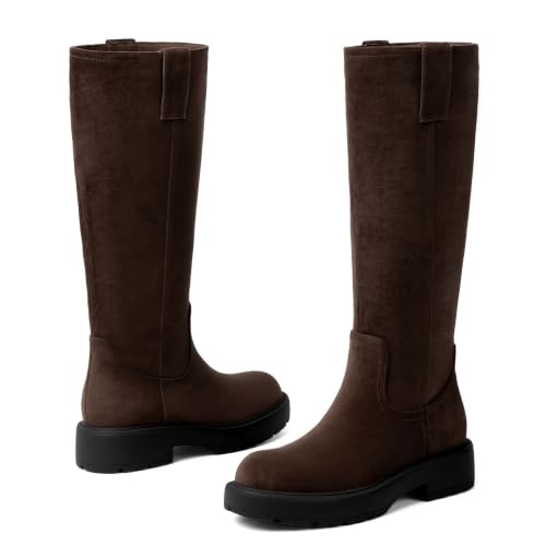 Image of VIUGJNEX Knee High Boots Women Low Heel Flat Chunky Fall Tall Riding Boots