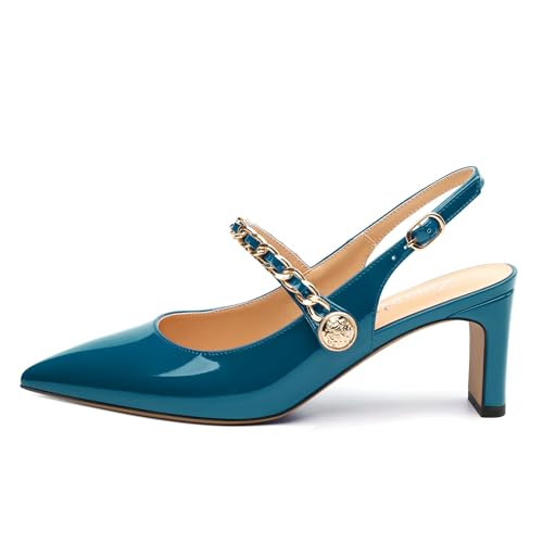 Women's Pumps, Slingback Pointed Toe Mid Chunky Heels, Patent Metal Chain Adjustable Strap Buckle Dress Shoes for Women 2.5 Inch2