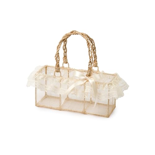Mopec AA200 Cesta para pétalos de rafia natural adornada con puntilla 20x7,5x9cm.