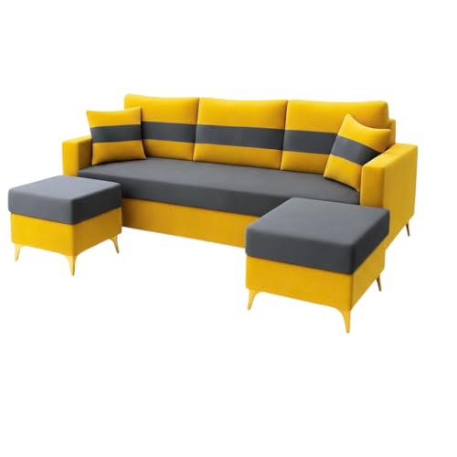 Image of SOCOZI Bravelle 5 Seater L Shape Sofa Set with 2 Movable Ottomans | Flexible Layout | Soft Velvet Suede Fabric|Modern Sofa with Golden Legs | Plush Comfort Cushions for Living Room (Yellow-Dark Grey)