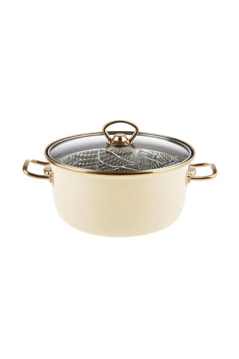 GRAT Group - Olla esmaltada de 8.7 pulgadas, 4 litros, con tapa y escurridor de aceite, diseño retro beige, olla base antiadherente