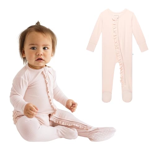 Image of Posh Peanut Solid Ribbed - Sandy Blush - Footie Ruffled Zippered One Piece - 0-3 months