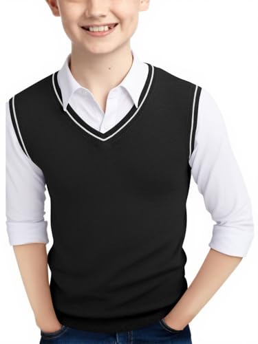 Haloumoning Boys Sweater Vest Kids Uniform Vest Casual V Neck Knit Pullover Sweater 5-14Y