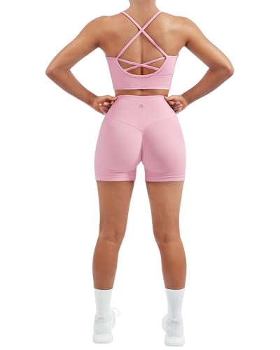 SUUKSESS Women Seamless 2 Piece Workout Sets Criss Cross Padded Sports Bra High Waist Booty Shorts Outfits (Pink M)