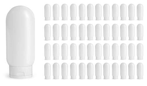 48 Count 2 Ounce White Plastic Tube Bottles with Snap Caps, Empty Refillable Cosmetic Tube Containers, White HDPE Tottles for Facial Cleanser, Shower Gel, Lotions, Cream, Shampoo, Travel Size, Samples