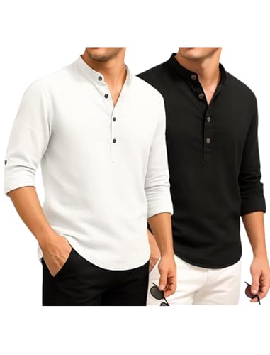 Image of DEEMOON Combo of Men's Cotton Blend Solid Regular Fit Full Sleeve Short Kurta | Men's Trendy Short Kurta Pack of 2 (Available in Plus Size & Combo Packs)