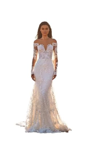 Deep V Neck Wedding Dresses for Women Long Mermaid Long Sleeve Lace Wedding Gownswith Train Appliques DR0001-05
