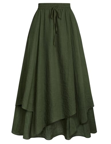 Damen Renaissance Trachtenrock Elastische Hohe Taille A-Linie Vintage Cottagecore Maxi Rock Olivgrün L