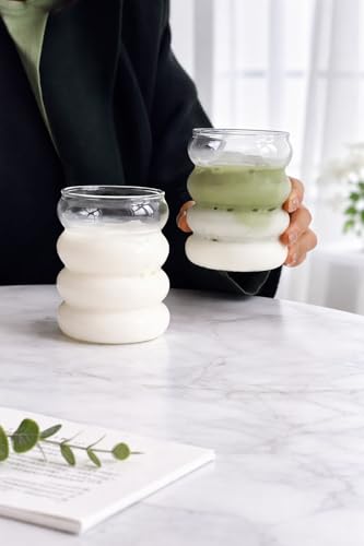 Image of COOLBIT Round Wave Looked Glass Cola Mug CanCoffee Glass Sipper with Straw-500ml-Pack of 2- Milk Cup -Juice Green Tea Glass Tumbler with Straw
