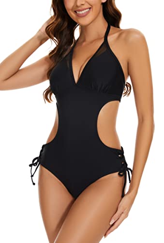 Women's Halter Cutout One Piece Swimsuit Mesh Monokini Bathing Suit4