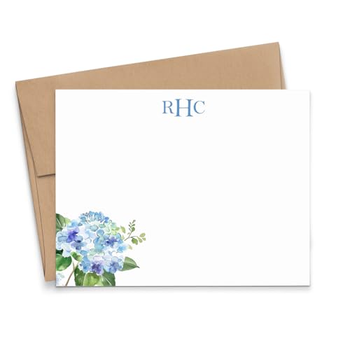 Personalized Blue Hydrangea Monogrammed Stationery, FLAT Monogram Note Cards With Flowers,...