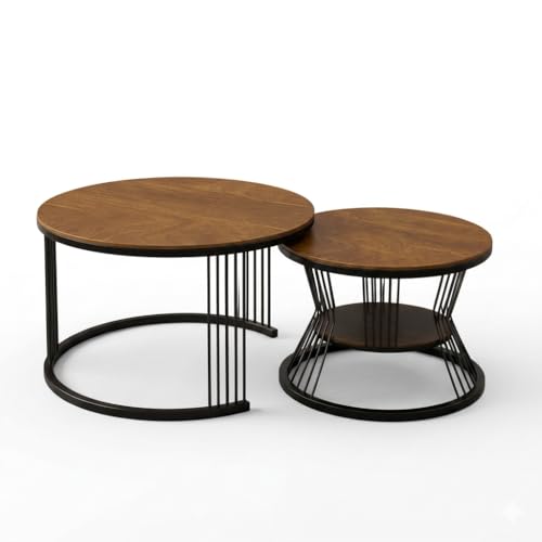 Image of NEST NATURE HAVEN Wrought Iron Frame 19.5 inch x 19.5 inch Round Coffee Table: Set of,2 Piece MDF Top Industrial Design Stacking Nesting Table - for Living Room,or Lounge Home Decor Furniture (Black & Brown)
