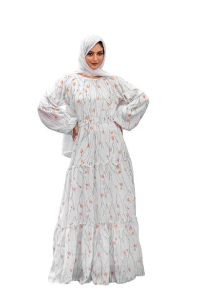 Women’s White Floral Print Georgette Abaya with Belt Modest Full-Length Islamic Elegant Party Casual for Women and Girls Without Dupatta