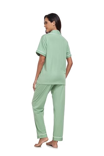 Image of COLORFULLEAF Women's 100% Cotton Pajamas Set Button Down Sleepwear Short Sleeve Shirt and Long Pants Soft Ladies Lounge Sets