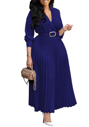 Image of Famnbro Womens Pleated Dress V Neck Long Sleeve A line Church Formal Works Business Dresses with Belt