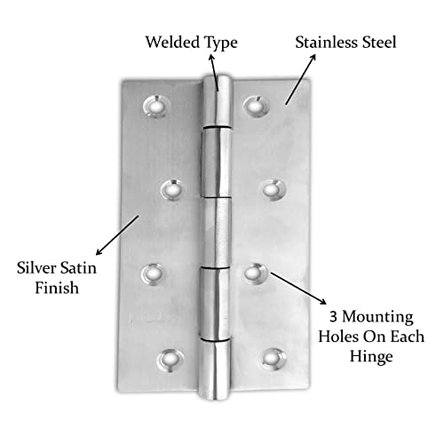 Image of Atom 3 Pcs, Stainless Steel Door Butt Hinges | 5 Inch x 14 Gauge /1.6 mm Thickness, Soft Close Hinge /kabja for Door, Window, Cabinet, Closet, Cupboard, Wooden Box (Silver Satin Finish, HNG-5X14)