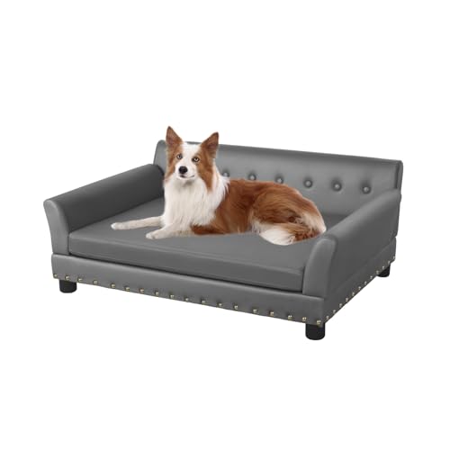 BingoPaw Sofa para Perros Grandes Extra Ancho 96x70x40cm Cama Elevada para Mascota Antipelo con Patas de Madera y Piel Sintetica Resistente Hamaca Sillon de Lujo Impermeable para perro xl con Remaches