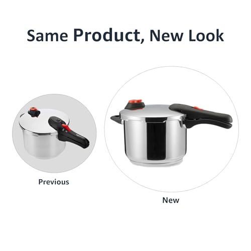 Comparación entre el diseño anterior y el nuevo de la olla a presión Amazon Basics, mostrando mejoras estéticas.