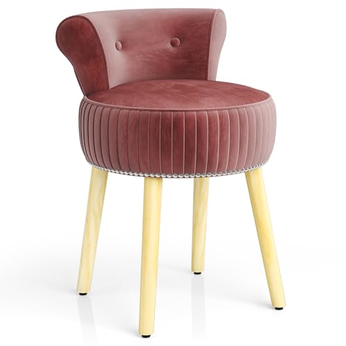 CHARMAID Velvet Vanity Chair for Bedroom, Elegant Accent Chair with Tufted Low Back, Solid Wood Legs, Upholstered Seat, Modern Makeup Stool for Dressing Room, Home Office (Burgundy & Natural)