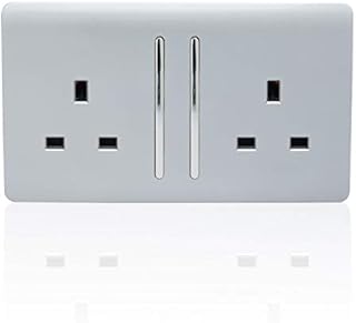 Trendi Switch 2 Gang Artistic Modern Glossy 13 Amp Electrical Long Switched Plug Socket Silver