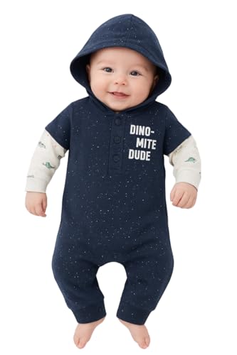 Image of Baby Boys Hooded French Terry Winter Jumpsuit | Warm Long Sleeve One Piece Romper | Newborn to 24 Months | Multiple Colors