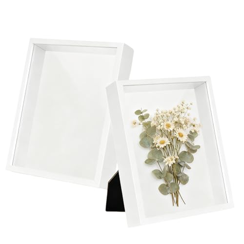 NAMYEUT Lot de 2 Cadres Photo 3D à remplir - 27 x 21,9 cm - Blanc - 3 cm de Profondeur - avec Plaque Acrylique Transparente - pour Photos, médailles et Fleurs séchées
