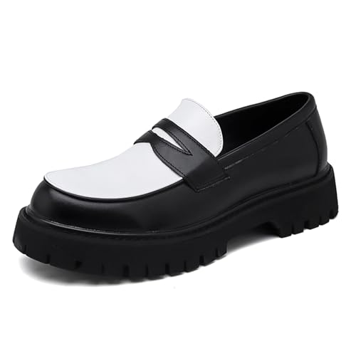 Mens Two Tone Leather Slip On Platform Penny Loafers Chunky Round Toe Non Slip Lug Sole Tassel Color Block Dress Shoes for Business Casual Work Daily Commute Party Prom Formal