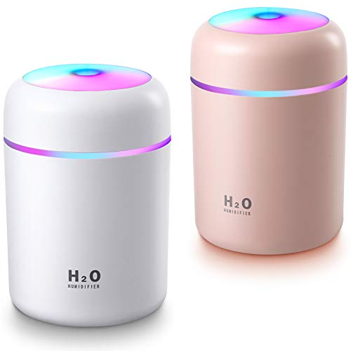 2 Pieces Cool Mist Humidifiers Portable Mini Humidifiers 300 ml Quiet USB Personal Desktop Humidifier Small Humidifiers with 2 Mist Modes and Auto Shut-Off for Bedroom Home Office Car Travel