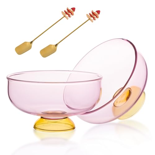 SERdeerCH Pink Glass Dessert Bowls Set of 2 Ice Cream Bowl with 2 Gold-Plated Spoons Decorative Microwave Safe for Fruit,Snack,Candy Glass Bowl Set