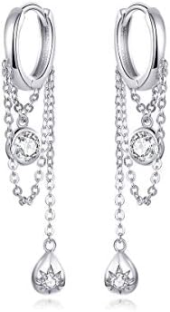 Sterling Silver Dangle Diamond Small Hoop Earrings for Women Girls CZ Elegant Threader Tassel Drop Long Chain Cuff Earrings Sensitive Ears Hypoallergenic (Silver)