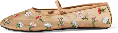 MAVMAX Nude Mesh Ballet Flats for Women Tulle Floral Embroidered Mary Jane Ballerina Round Toe Comfortable Daily Dress Ballet Flats Shoes with Strap