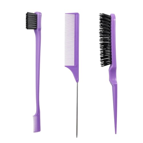 3 Piezas Kit Peine Peinar Cabello, Cepillo Cardar Pelo, Peine de Cola con Punta, Cepillo de Doble Borde Peine, Cepillos de Peinar, para el Hogar, Salones, Peluqueros, Morado