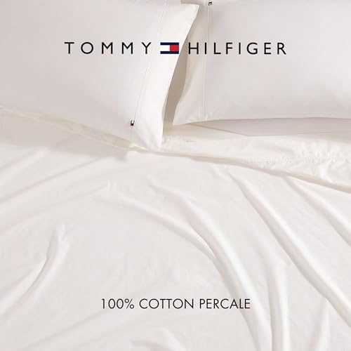 Image of Tommy Hilfiger - Sheet Set, Cotton Washed Percale Bedding with Matching Pillowcases, Crisp & Cool, Solid Home Essentials (Ivory, Queen)