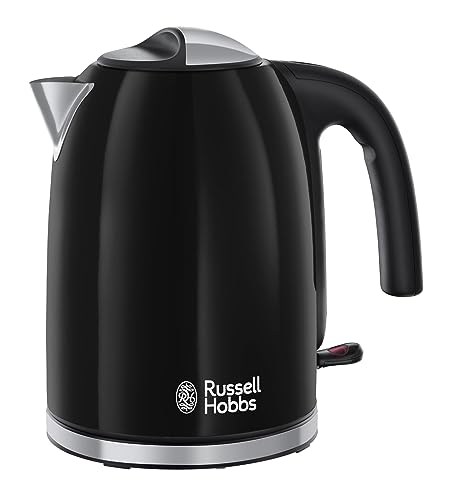 Russell Hobbs Black Stainless Steel 1.7L Cordless Electric Kettle with black handle (Fast Boil 3KW, Removable washable anti-scale filter, Pull to open hinged lid, Perfect pour spout) 20413
